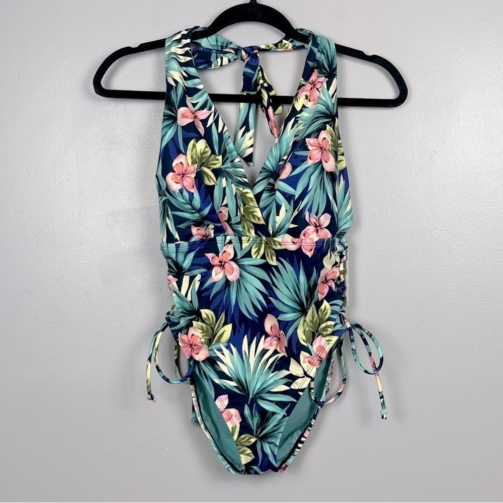 NWT Beach Betty by Miracle tropical halter side lace 1 piece swimsuit, medium.